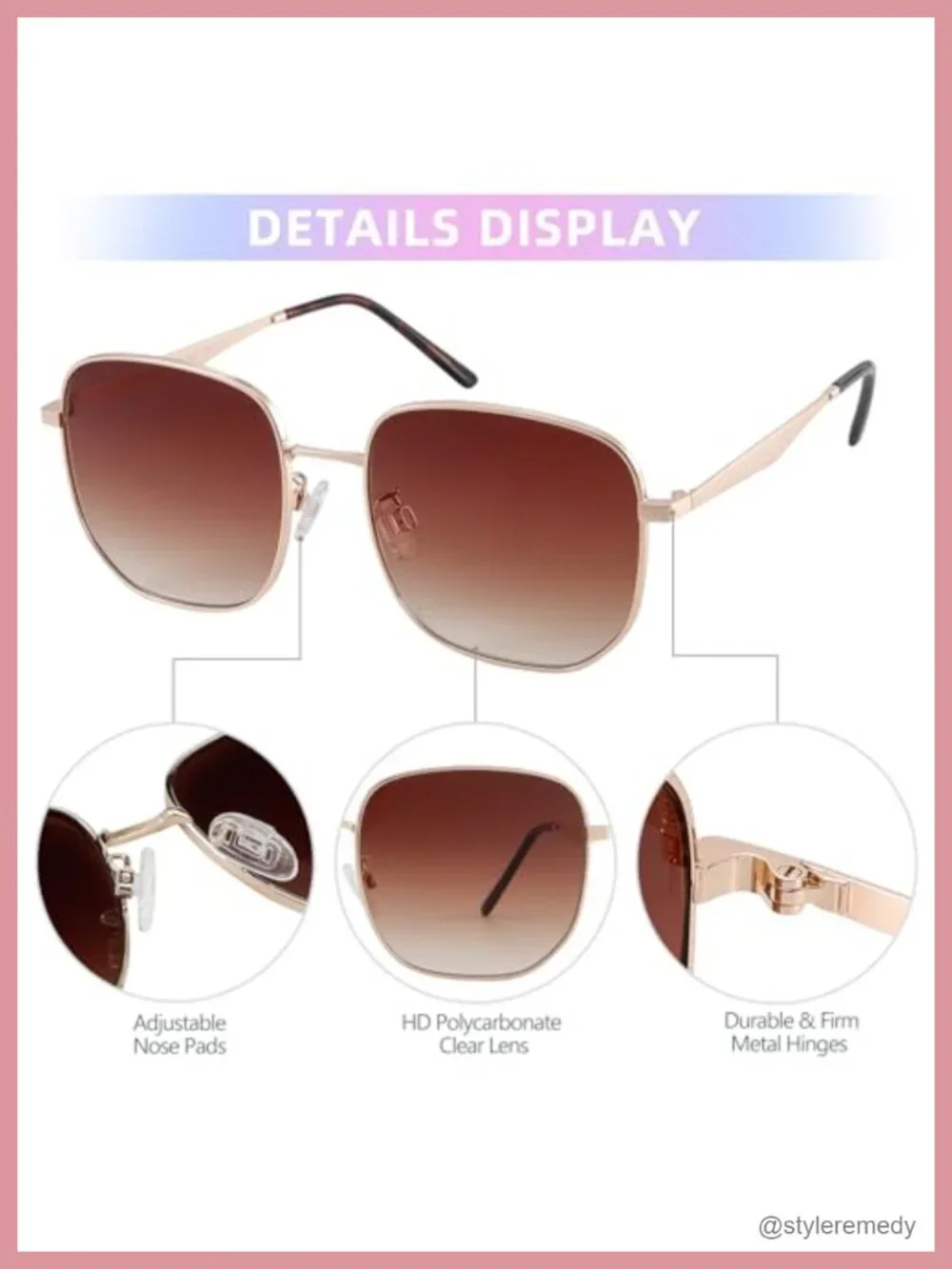 Oversized Square Sunglasses Metal Frame UV400 Protection Shades